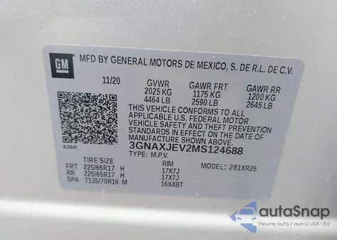 2021 Chevrolet Equinox Fwd 2Fl z USA, uszkodzony, nr VIN 3GNAXJEV2MS124688